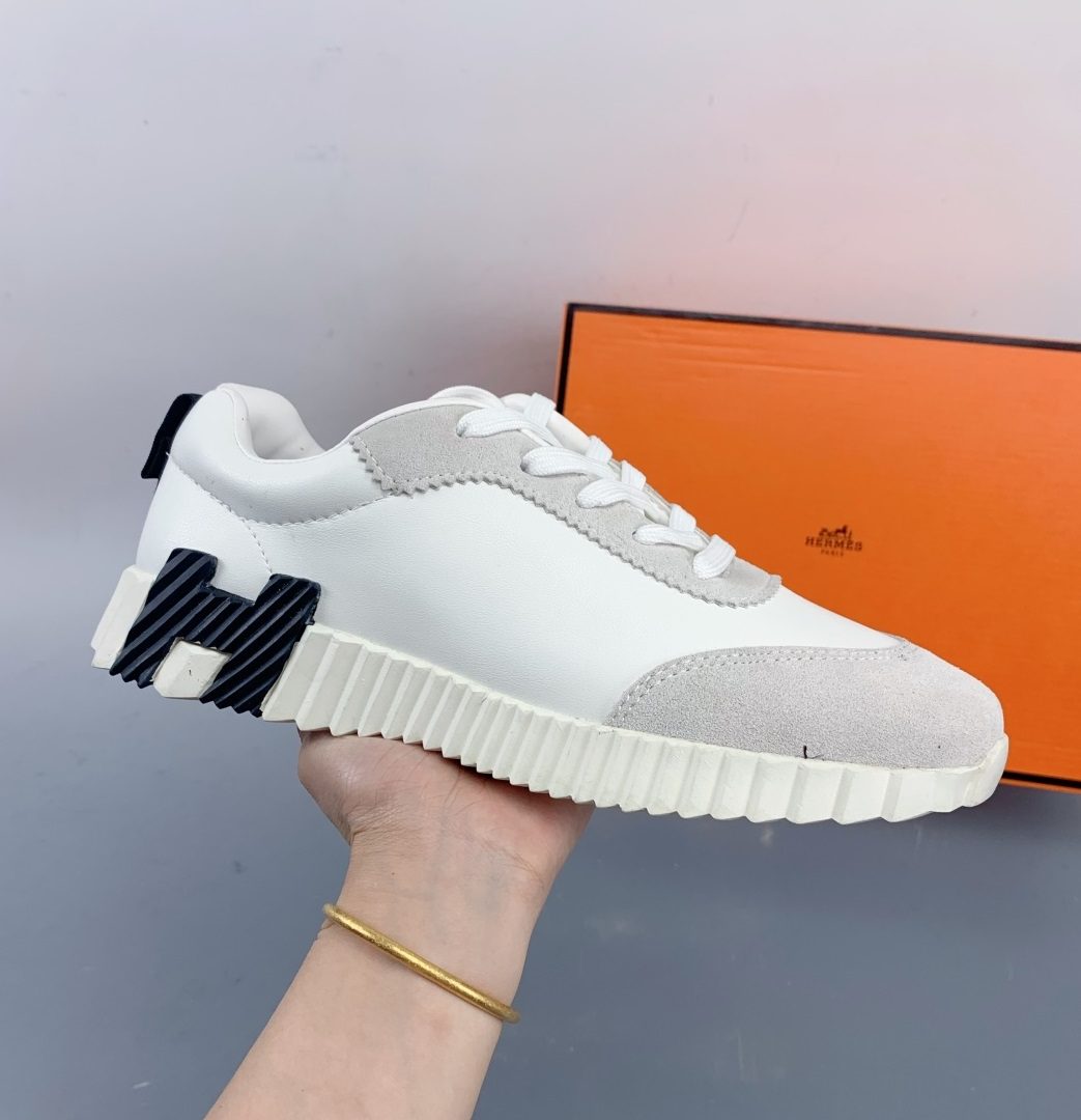 Hermes Bouncing Sneakers Calfskin Suede Goatskin & Blanc