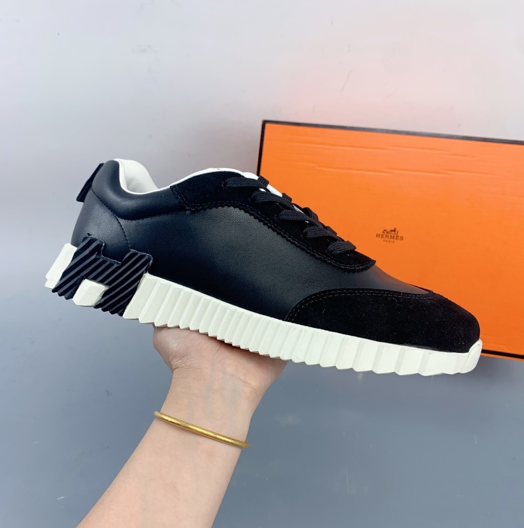 Hermes Bouncing Suede Leather Sneakers in Black with White Sole
